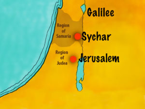 Map of Israel showing Galilee, Sychar and Jerusalem