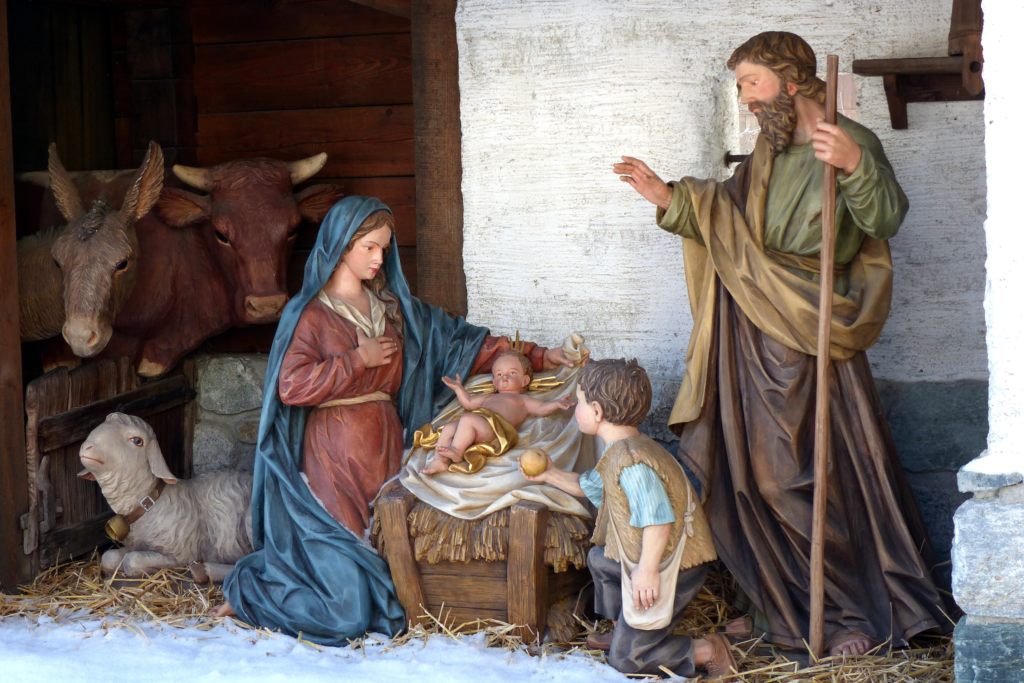 Nativity scene closeup with animals, Mary, Joseph and baby